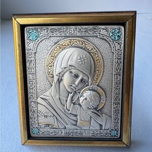 Sterling Silver 925 Virgin Mary Madonna with Child Framed With Stand Rare